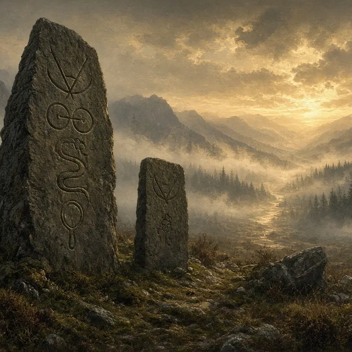 Misty hills and old standing stones at dawn