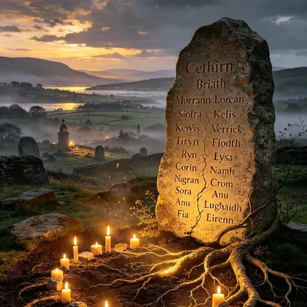Carved standing stone glowing at dusk among candles and golden roots, above a misty valley